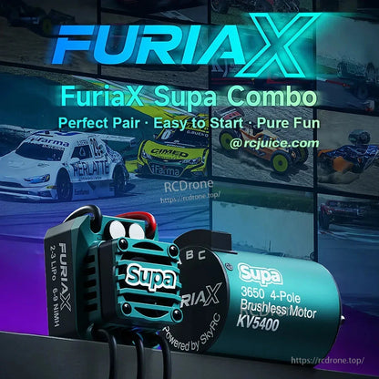 FuriaX Supa Combo promotional graphic with RC car racing background and ESC/motor pictured