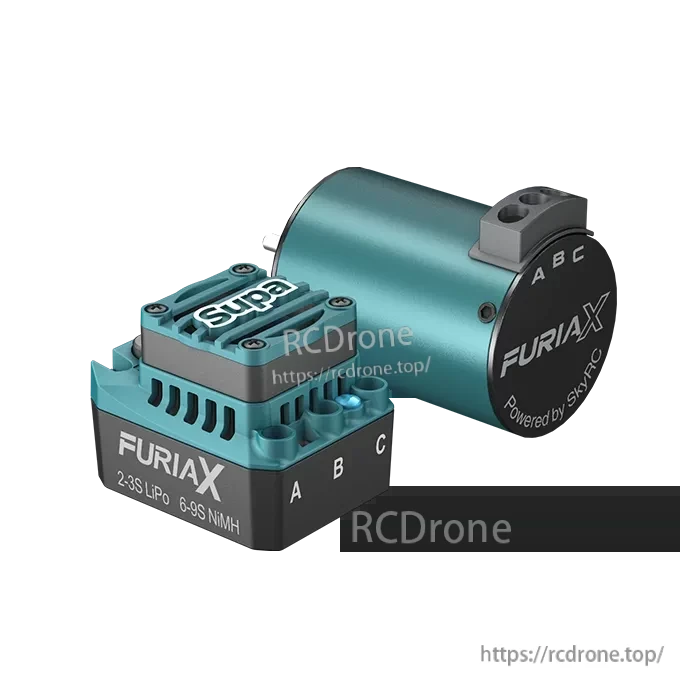Angled view of Supa brushless ESC and motor combo showing motor end cap and A/B/C markings