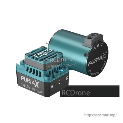 Angled view of Supa brushless ESC and motor combo showing motor end cap and A/B/C markings