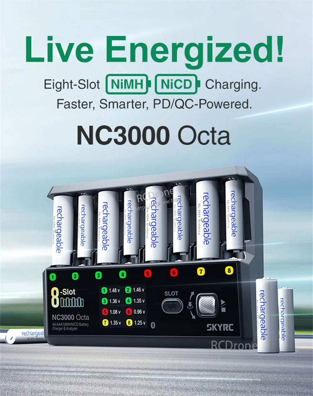 SKYRC NC3000 Octa AA/AAA NiMH/NiCD 8-slot Battery Charger Analyzer 65W PD Supports 7 Working Modes Bluetooth Mobile App Control