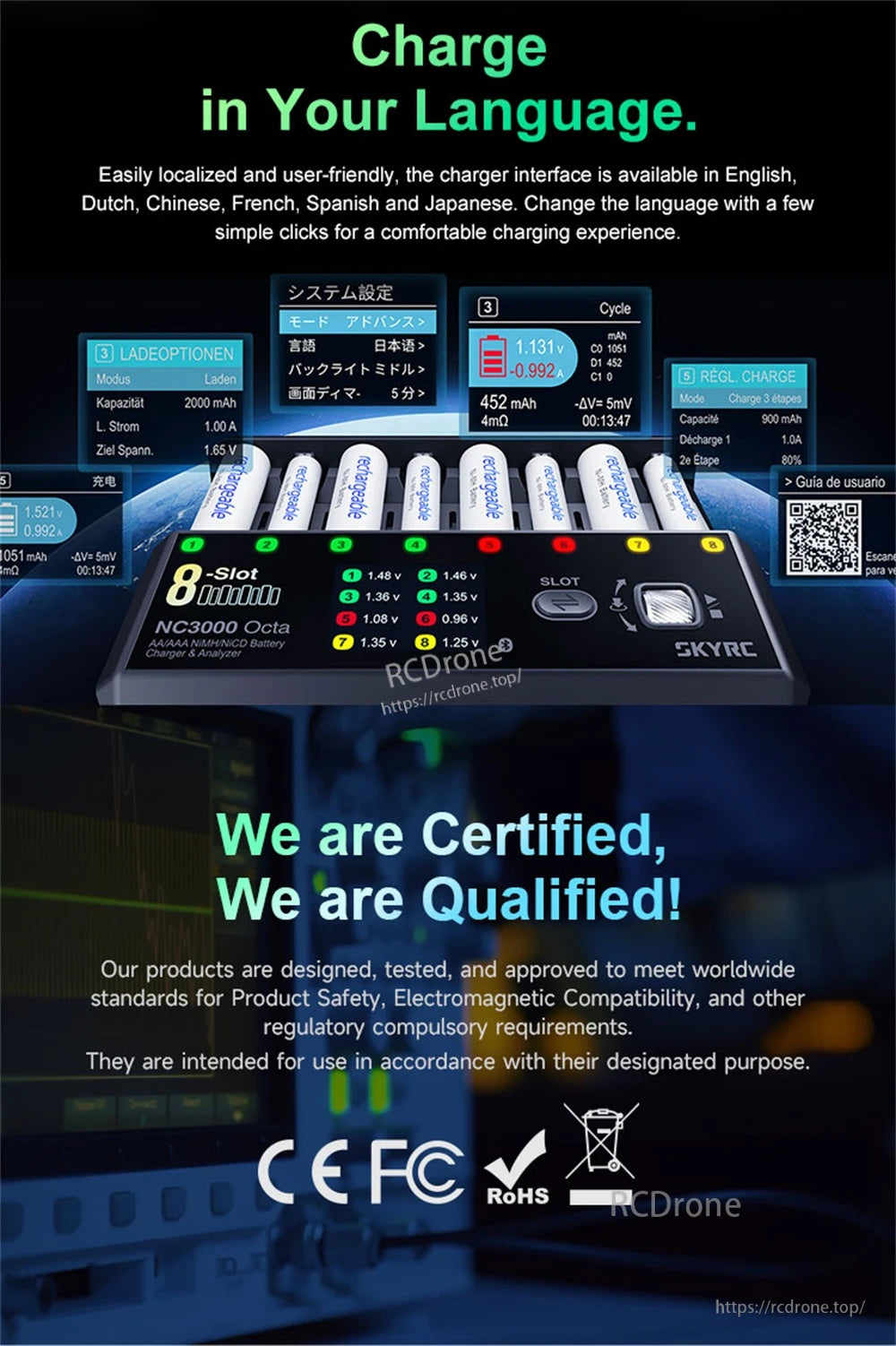 SKYRC NC3000 Octa AA/AAA NiMH/NiCD 8-slot Battery Charger Analyzer 65W PD Supports 7 Working Modes Bluetooth Mobile App Control
