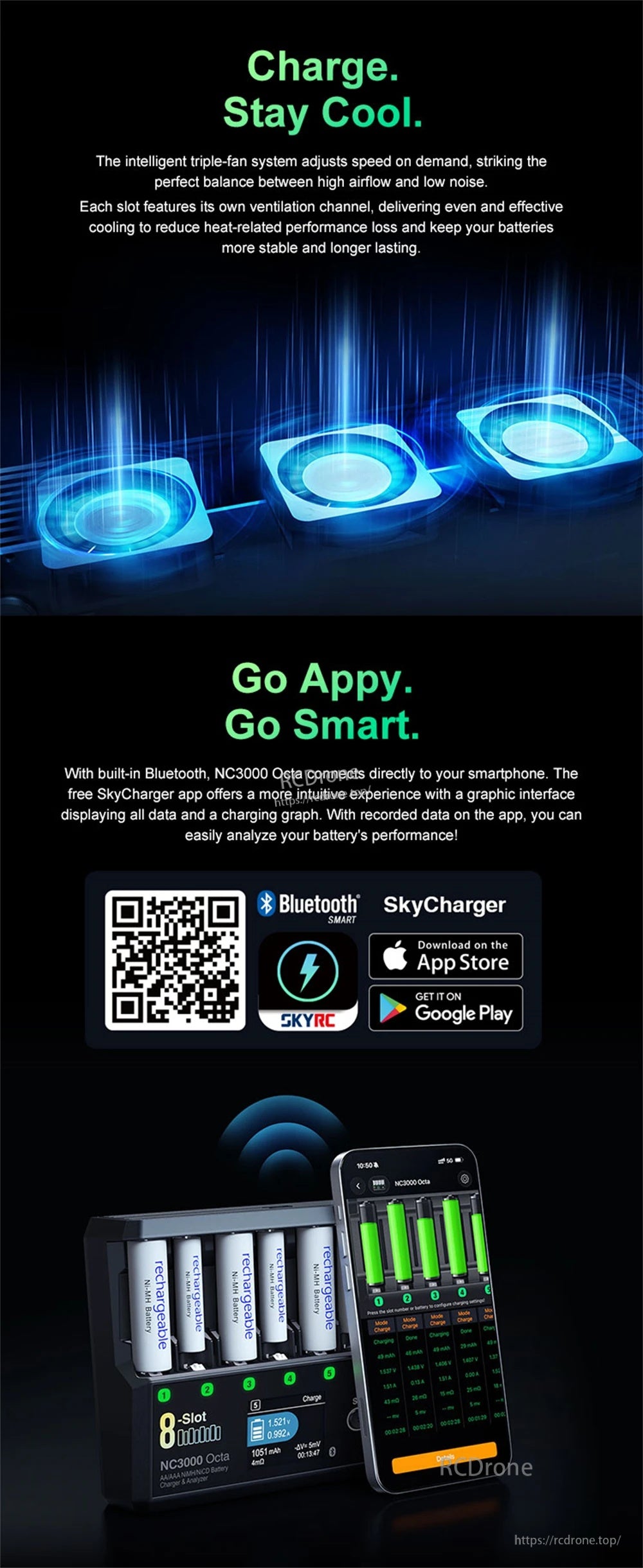 SKYRC NC3000 Octa AA/AAA NiMH/NiCD 8-slot Battery Charger Analyzer 65W PD Supports 7 Working Modes Bluetooth Mobile App Control