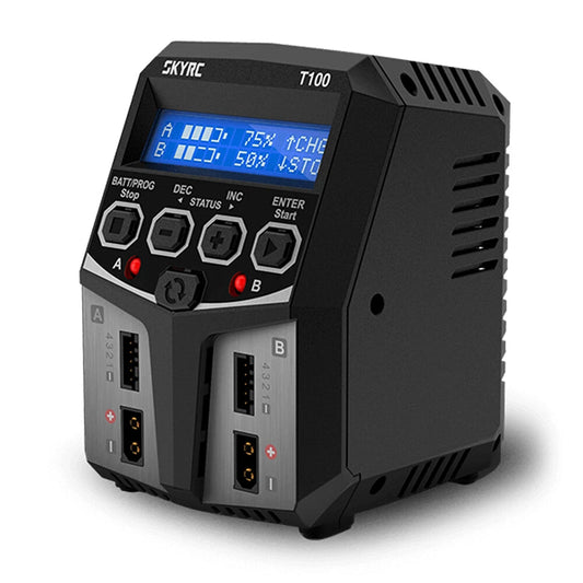 SkyRC T100 dual balance charger with backlit screen, dual A/B channels, control buttons, and front balance ports