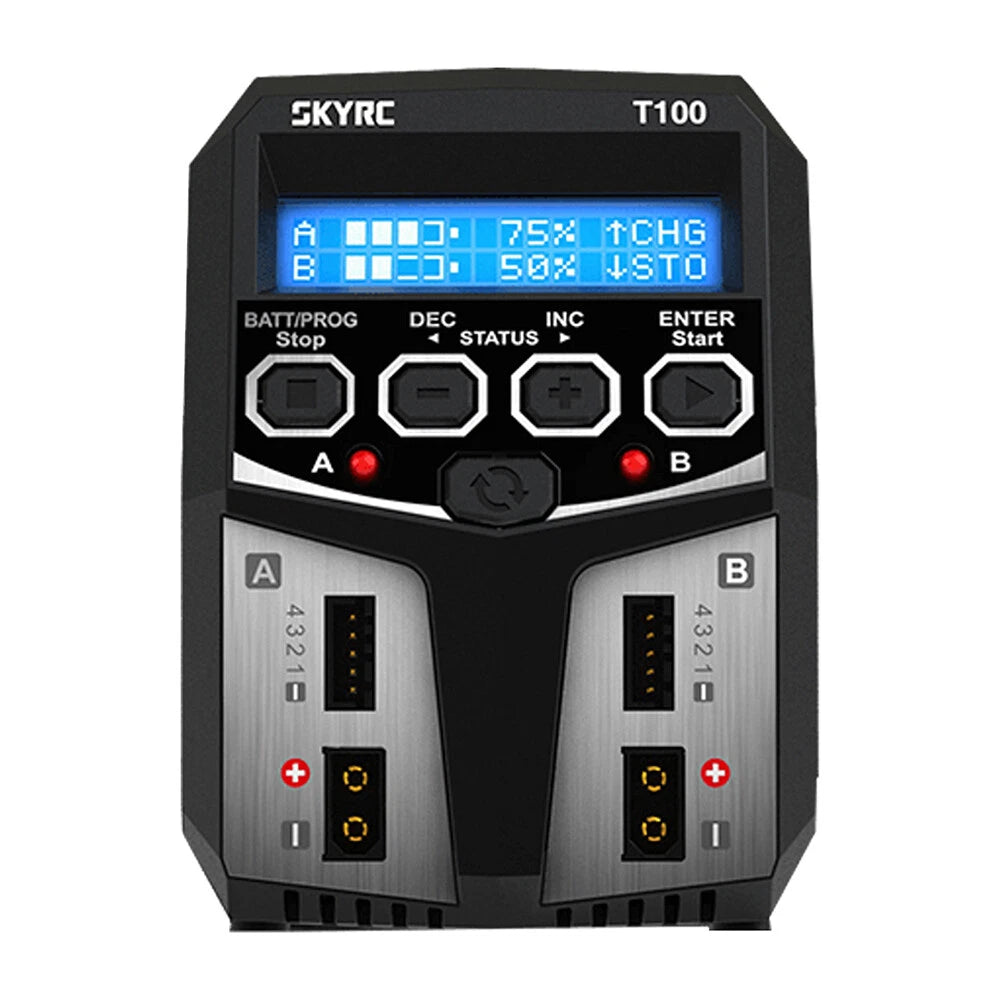 SkyRC T100 dual balance charger front view with blue LCD display, control buttons, and A/B charging ports