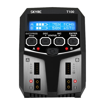 SkyRC T100 dual balance charger front view with blue LCD display, control buttons, and A/B charging ports