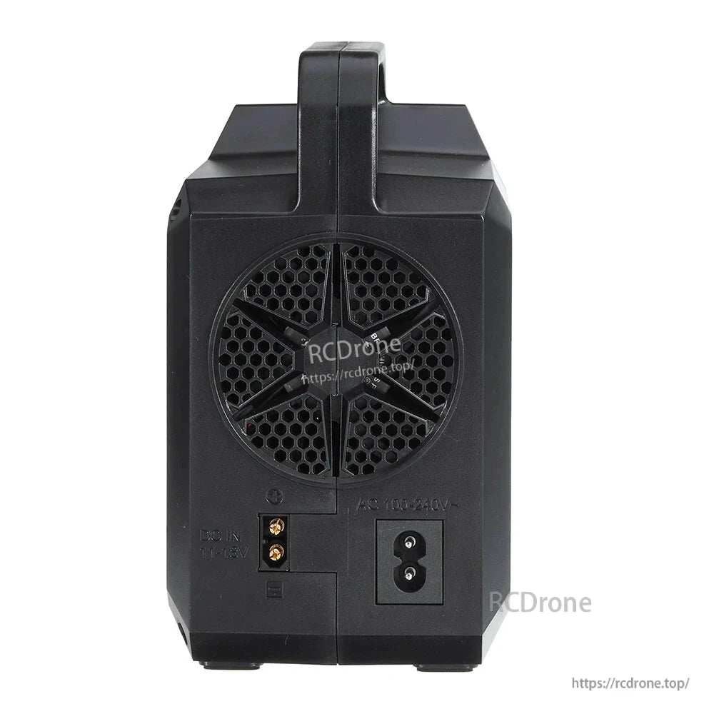 SKYRC T200 Dual AC/DC Battery Balance Charger, Rear view of SKYRC T200 dual AC/DC balance charger with cooling fan grille and AC 100–240V power inlet