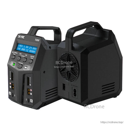 SKYRC T200 Dual AC/DC Battery Balance Charger, SKYRC T200 dual-channel AC/DC battery balance charger with handle, LCD display, fan, and A/B ports