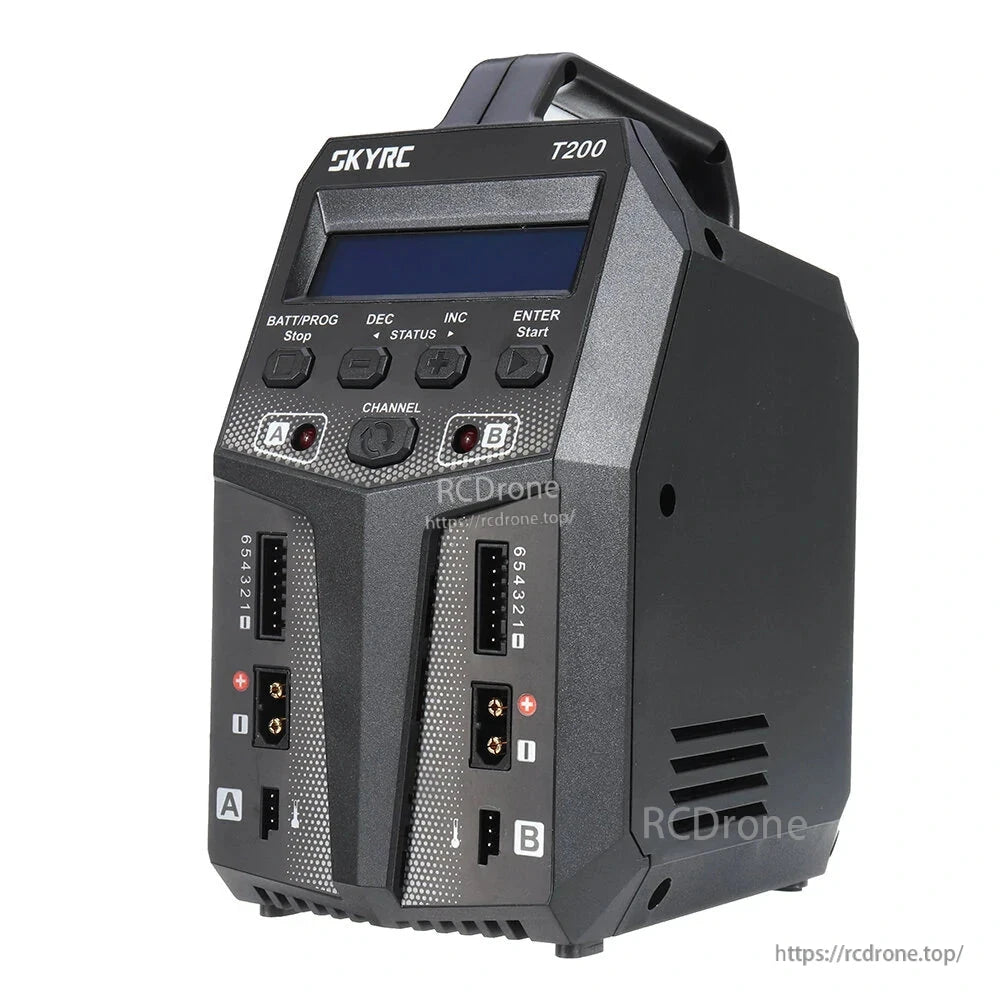 SKYRC T200 Dual AC/DC Battery Balance Charger, SKYRC T200 dual-channel AC/DC battery balance charger with LCD screen, control buttons, and A/B balance ports