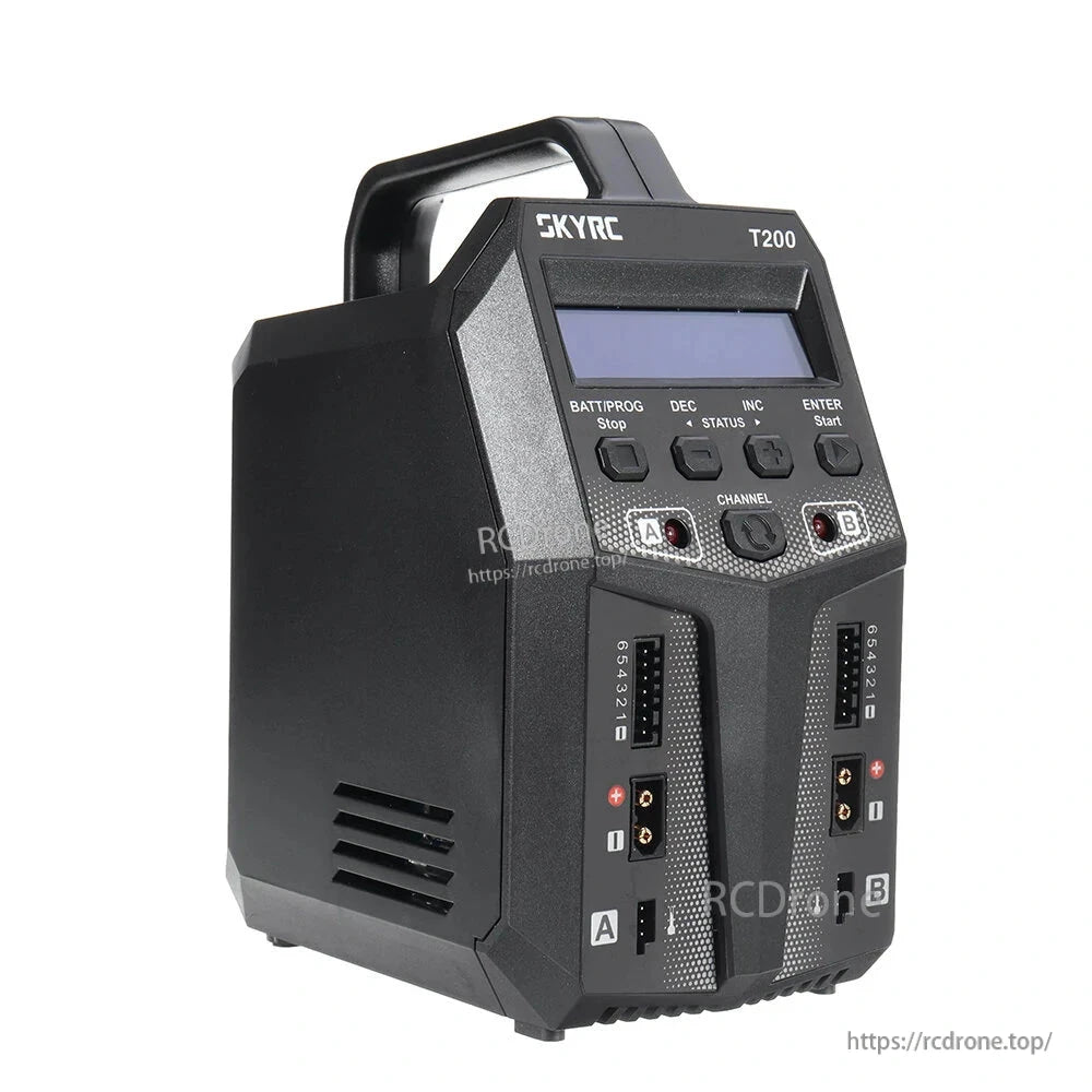SKYRC T200 Dual AC/DC Battery Balance Charger, SKYRC T200 dual channel AC/DC balance battery charger with LCD screen, carry handle, and A/B ports