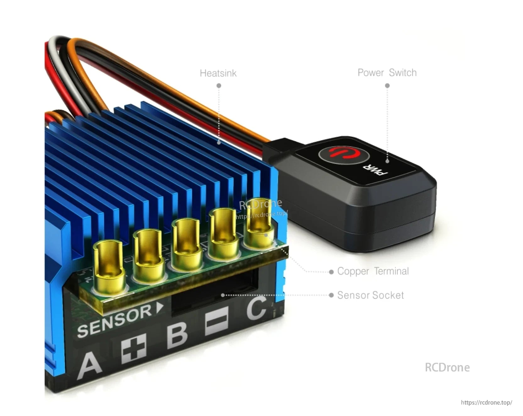 SKYRC Toro TS50 50A brushless sensored ESC close-up with heatsink, sensor socket, and copper terminals labeled