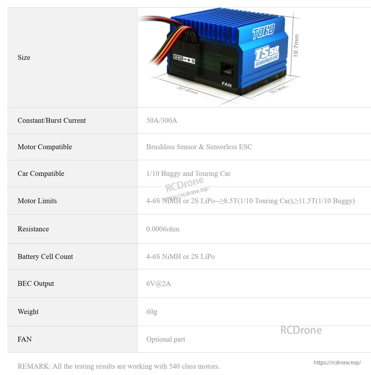 SKYRC Toro TS50 ESC specifications table listing current rating, battery support, BEC output, size, and weight