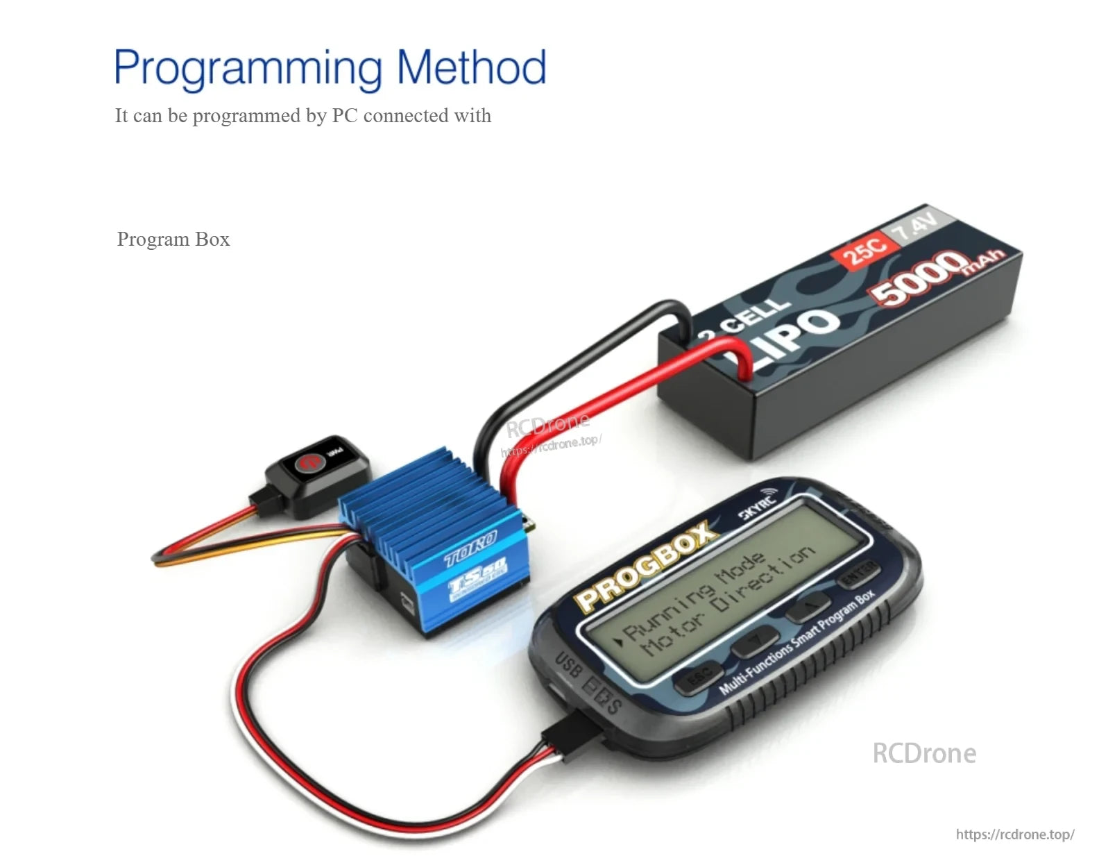 PC programming setup with program box connected to the ESC and a 2S LiPo battery