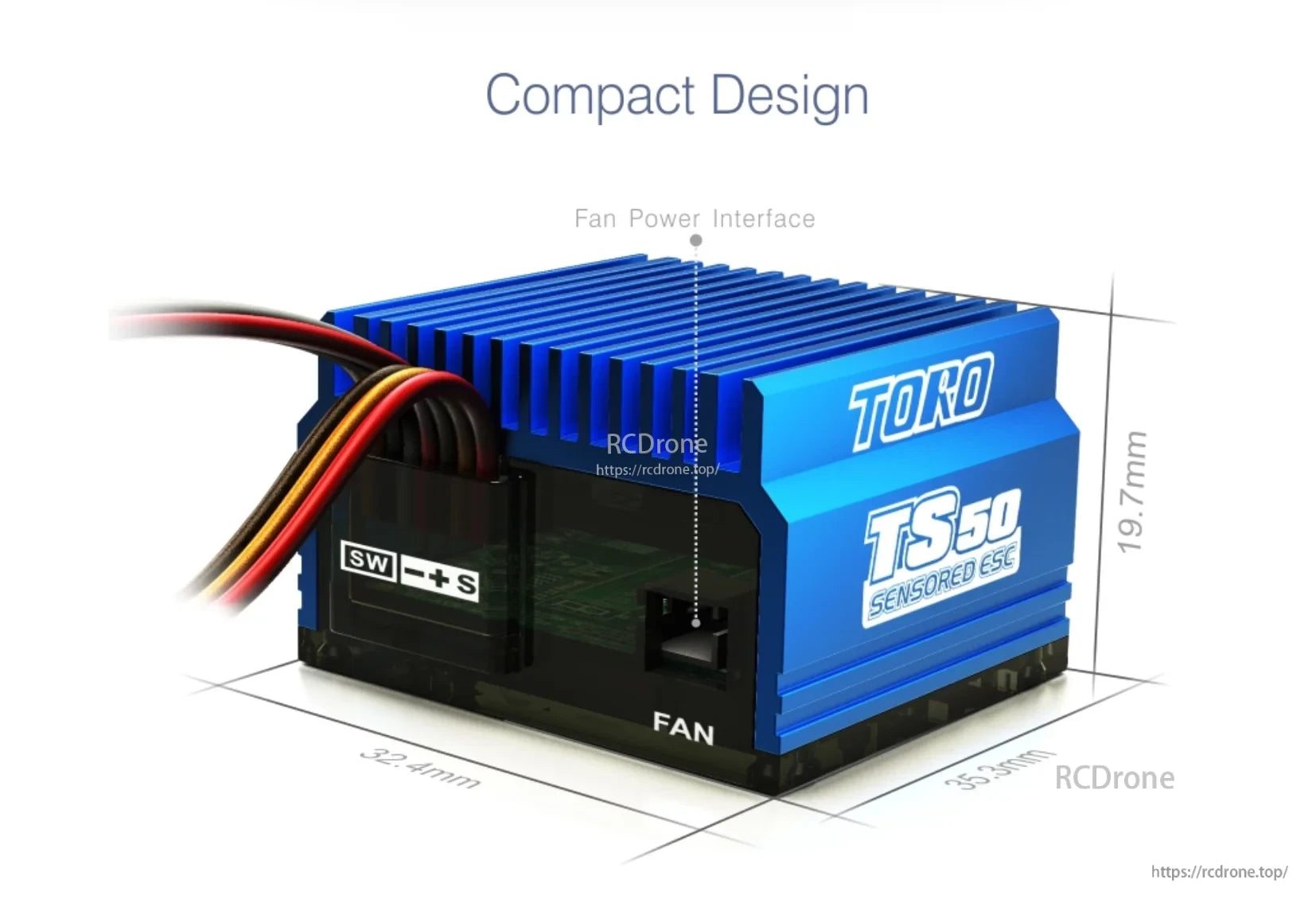 SKYRC Toro TS50 ESC compact aluminum heatsink case with fan power interface and size dimensions