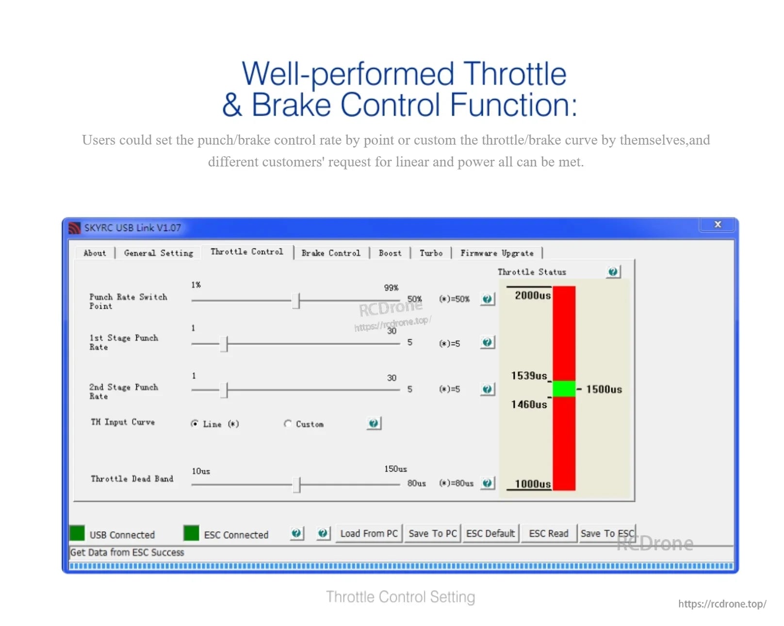 Throttle and brake control settings screen showing adjustable punch, throttle curve, and response tuning