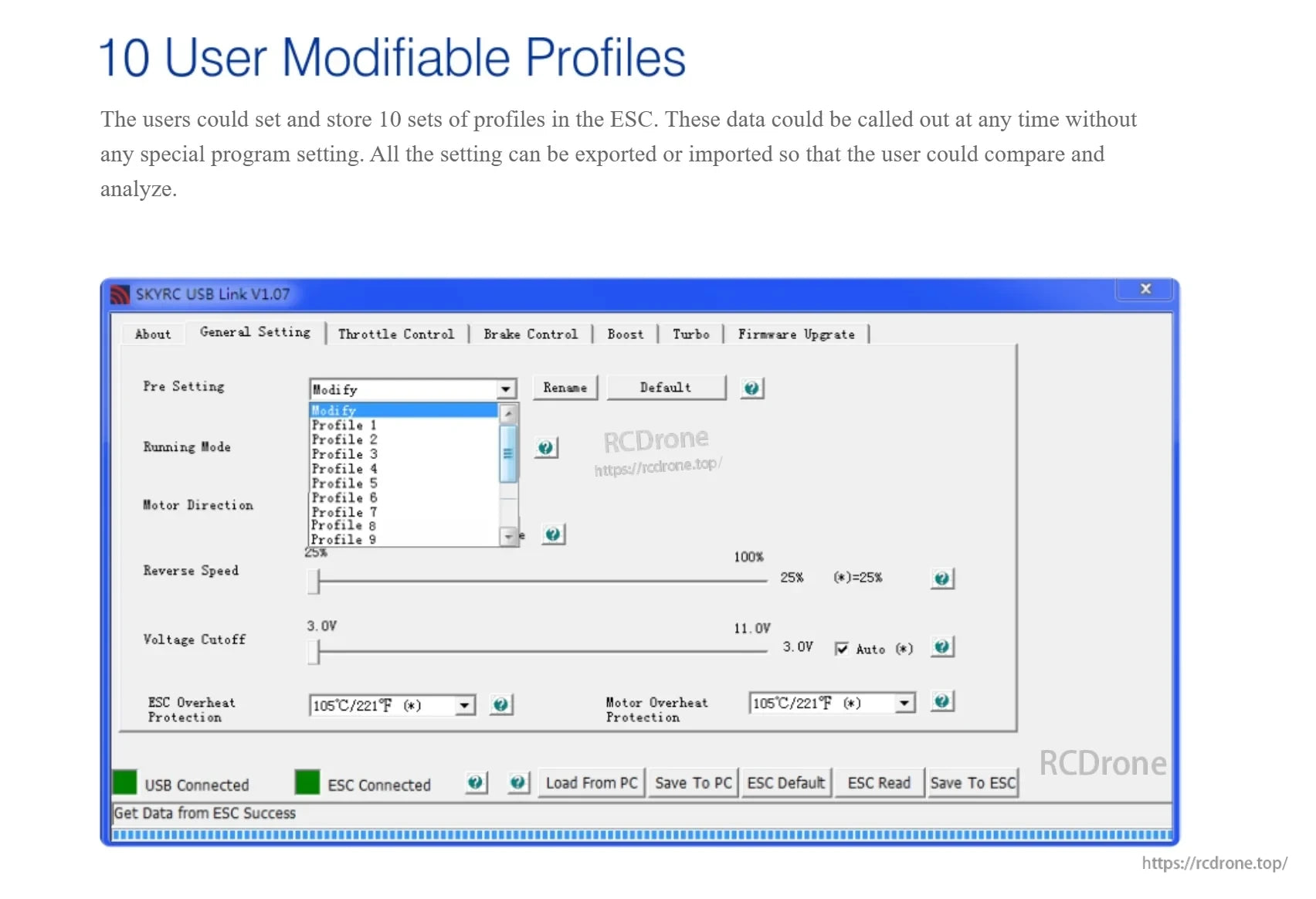 ESC software screen showing 10 user-modifiable profiles for saving and recalling setup presets