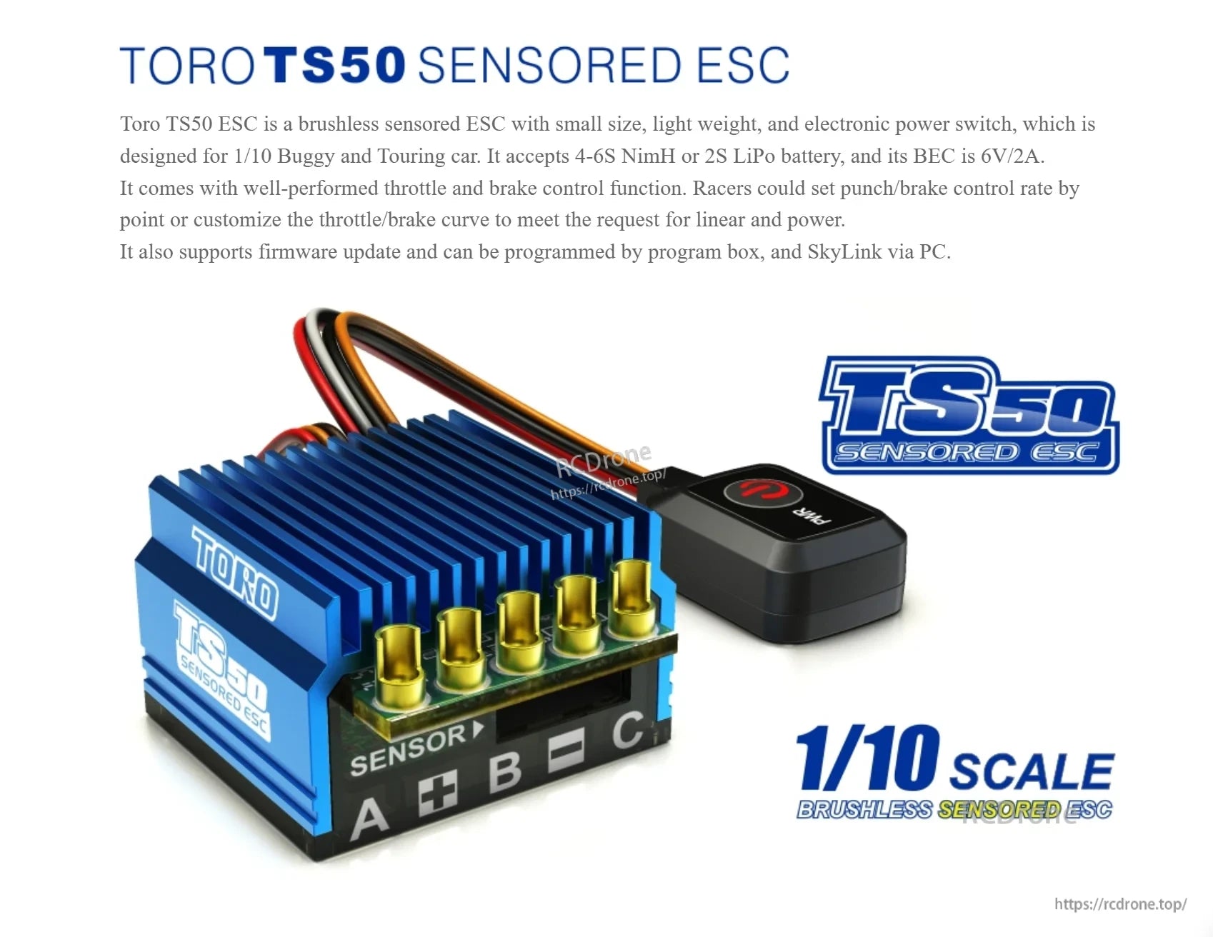 SKYRC Toro TS50 sensored ESC product view with blue heatsink and external power switch for 1/10 RC cars