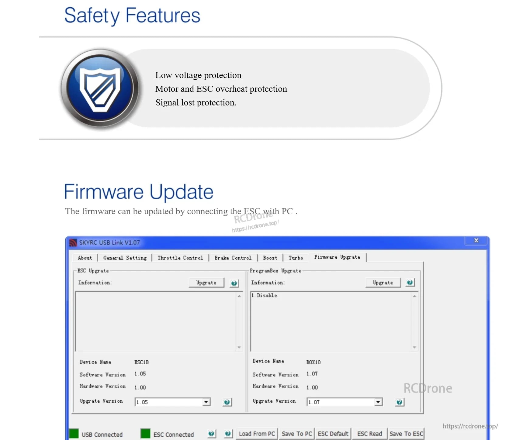 Safety protections list and firmware update screen for the ESC PC software interface