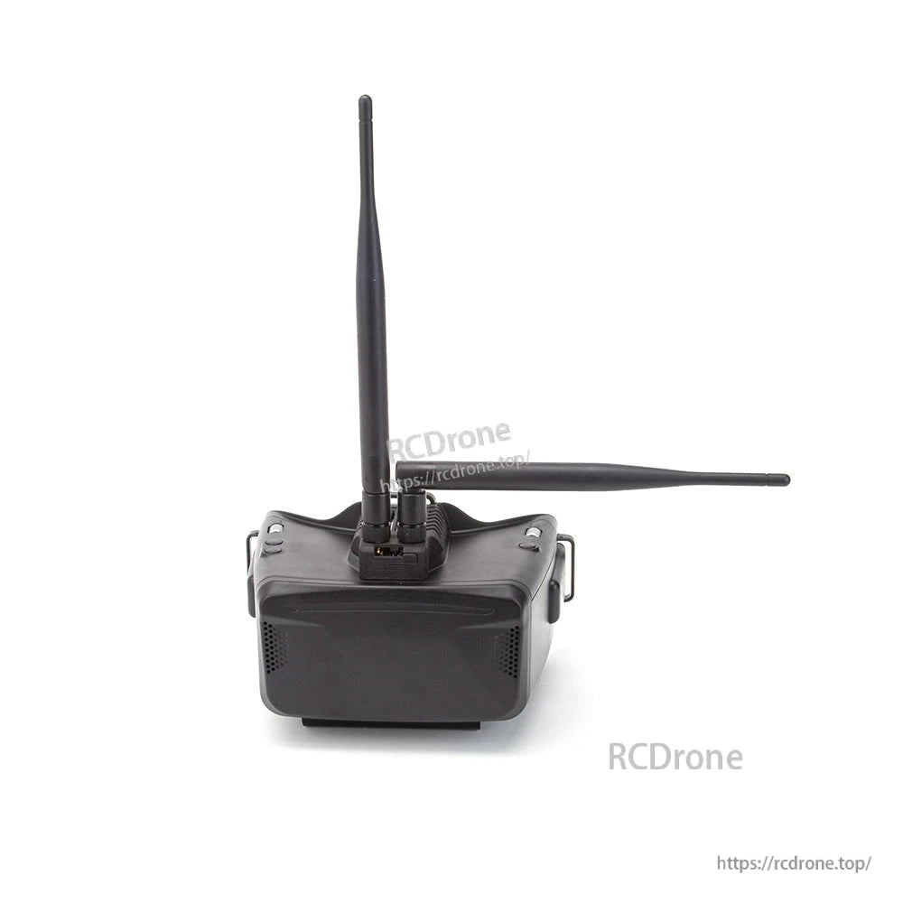 FPV goggles with two whip antennas attached at the top receiver ports, front view