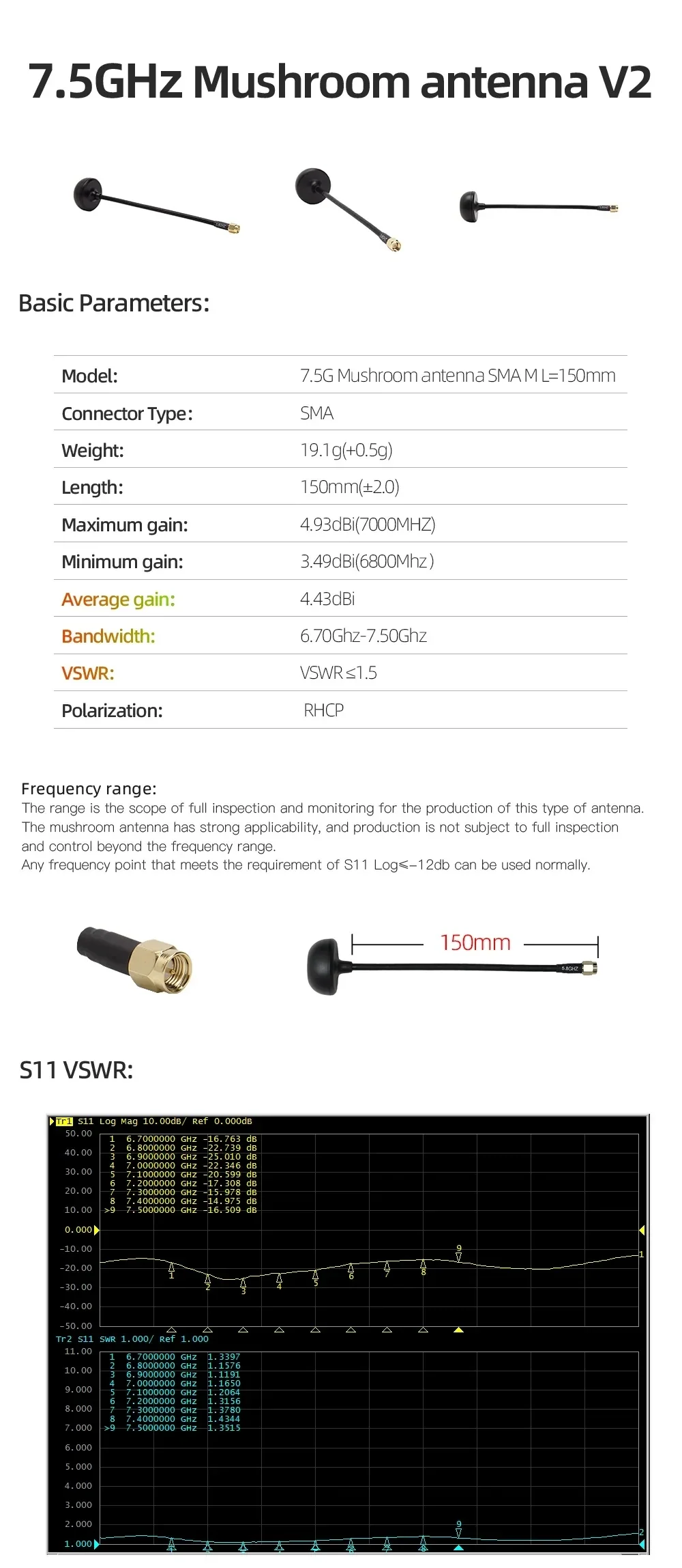 SKYZONE 7.5GHz Mushroom Antenna V2 SMA RHCP, 150mm lead—basic parameters with VSWR plot