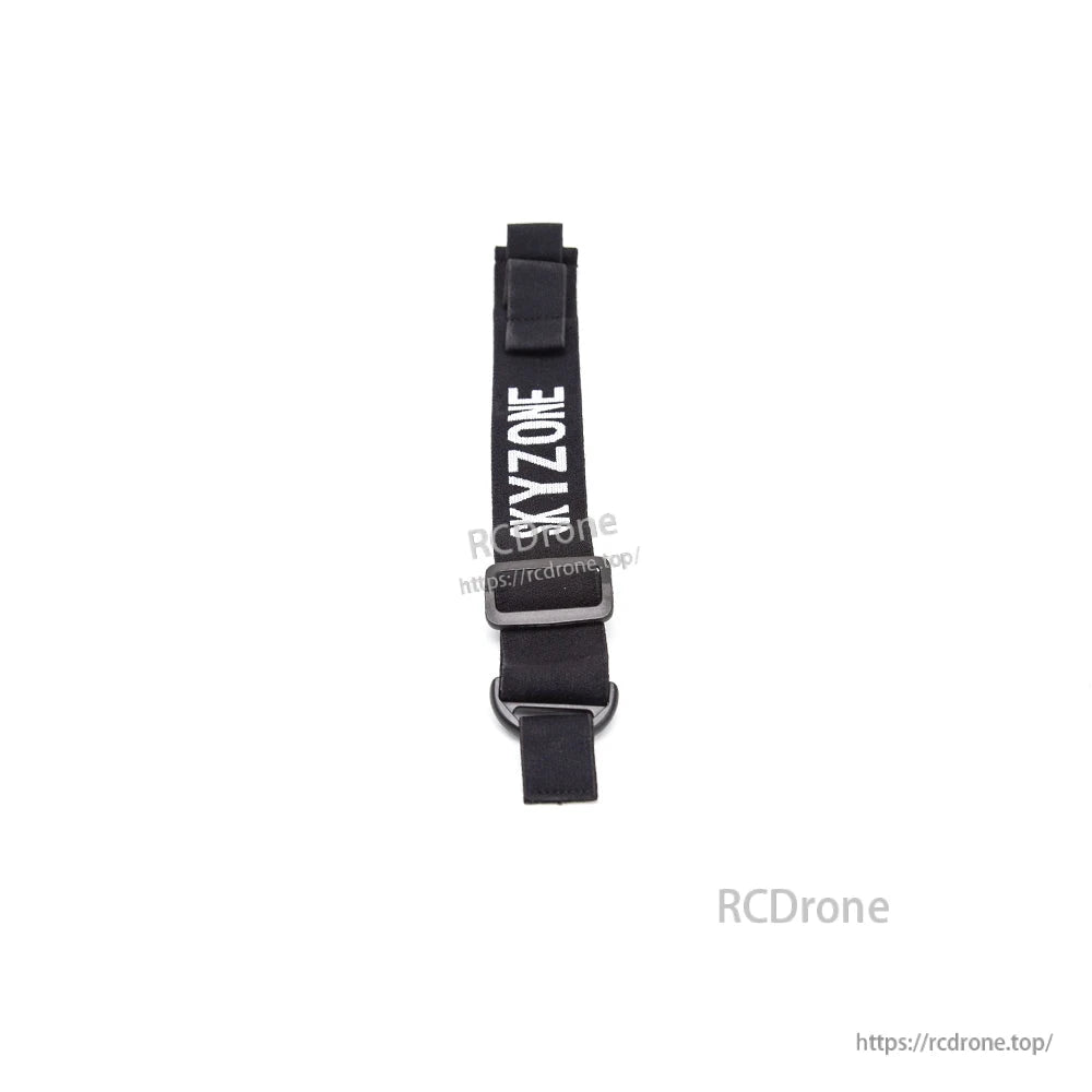 Top-down vertical view of black SKYZONE goggle strap showing buckle, D-ring loop, and end tabs