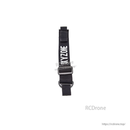 Top-down vertical view of black SKYZONE goggle strap showing buckle, D-ring loop, and end tabs