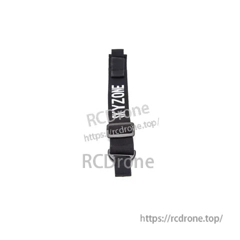 Full-length view of SKYZONE branded goggle head strap showing buckle, adjustment hardware, and elastic band
