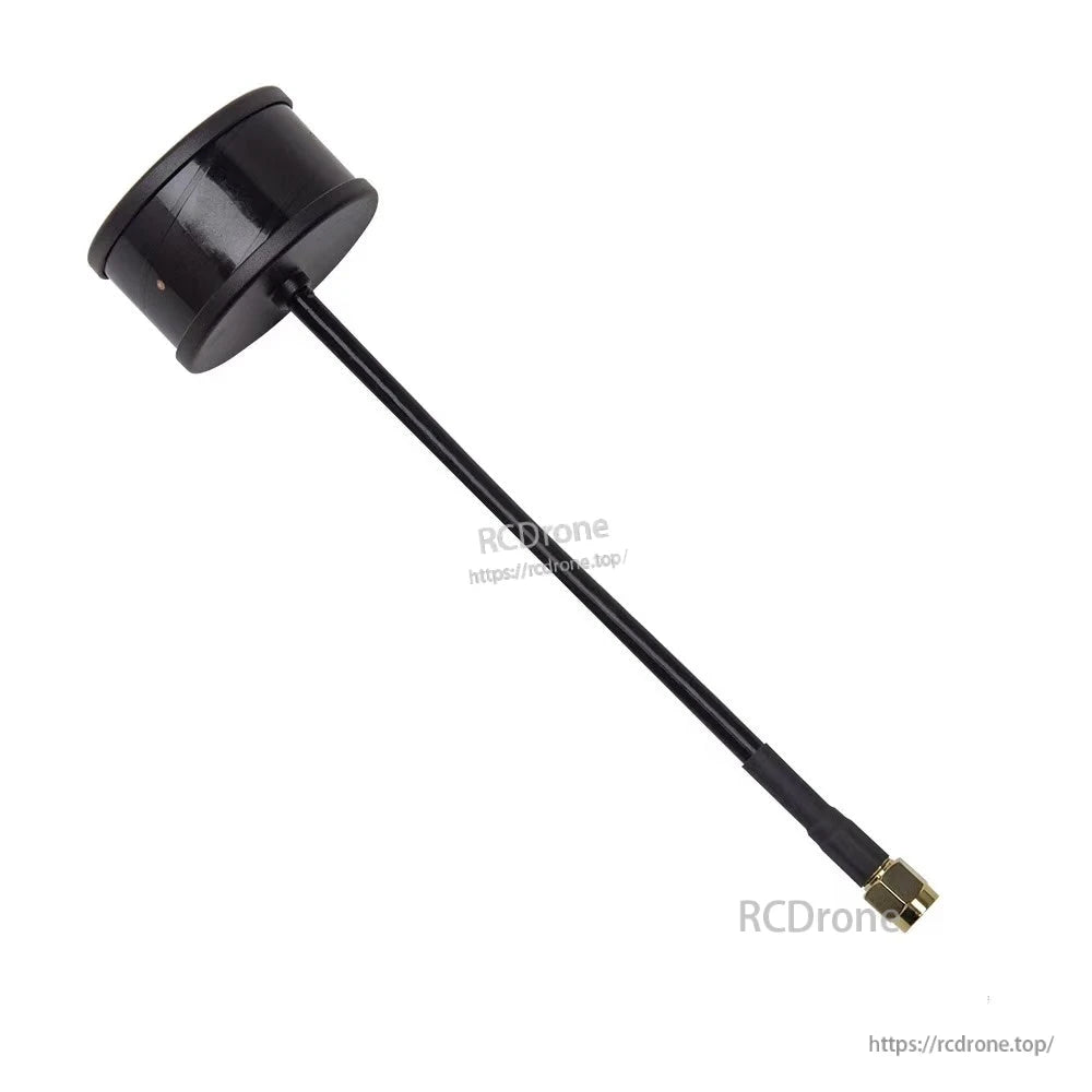 Side view of black mushroom FPV antenna on long coax lead, straight SMA connector at end