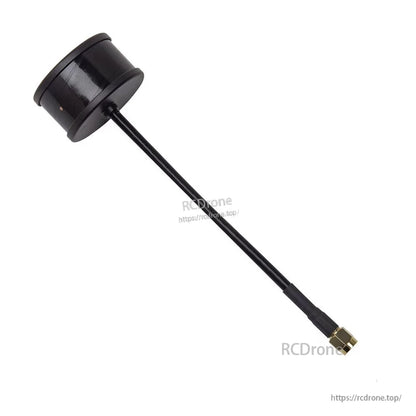 Side view of black mushroom FPV antenna on long coax lead, straight SMA connector at end
