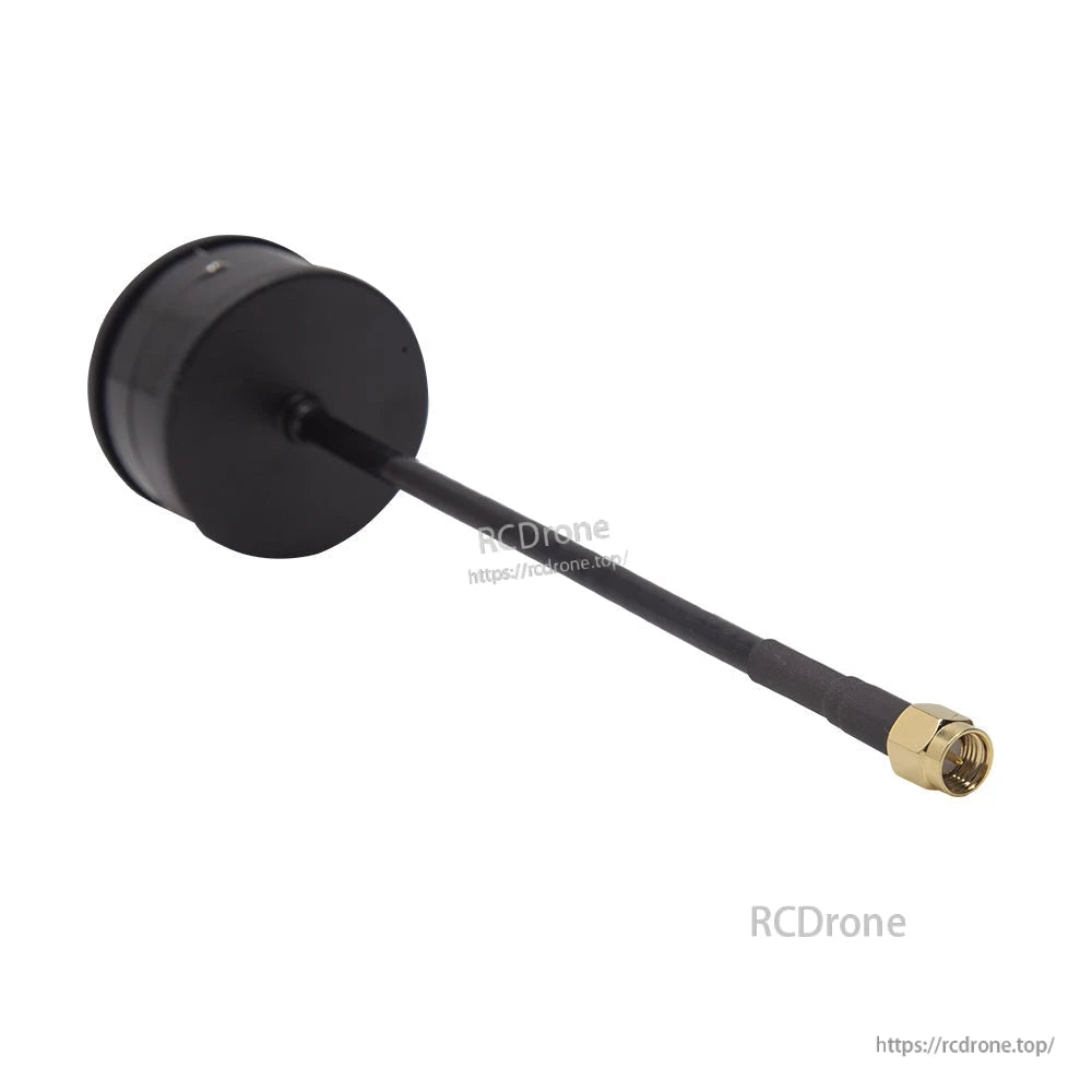 Black mushroom antenna with coax lead and straight SMA connector, rear view of dome