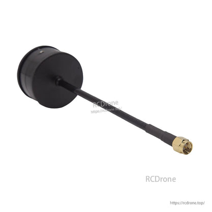 Black mushroom antenna with coax lead and straight SMA connector, rear view of dome