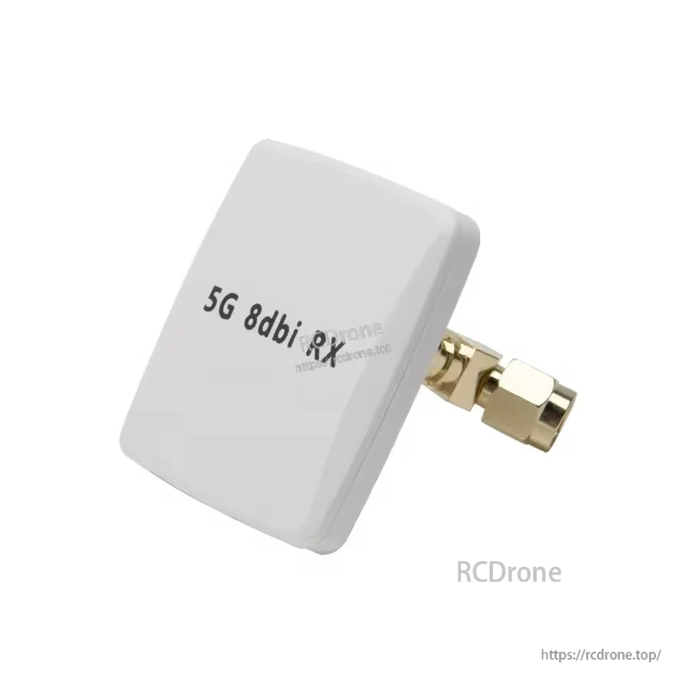 White patch antenna labeled “5G 8dbi RX” with right-angle SMA connector