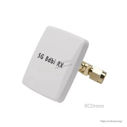 White patch antenna labeled “5G 8dbi RX” with right-angle SMA connector