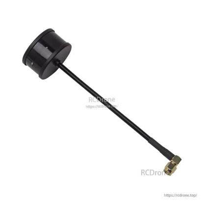 Black mushroom antenna on coax lead with angled SMA connector, full-length view