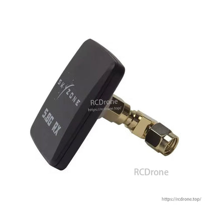 Angled view of SKYZONE 5.8G RX patch antenna with right-angle SMA connector installed