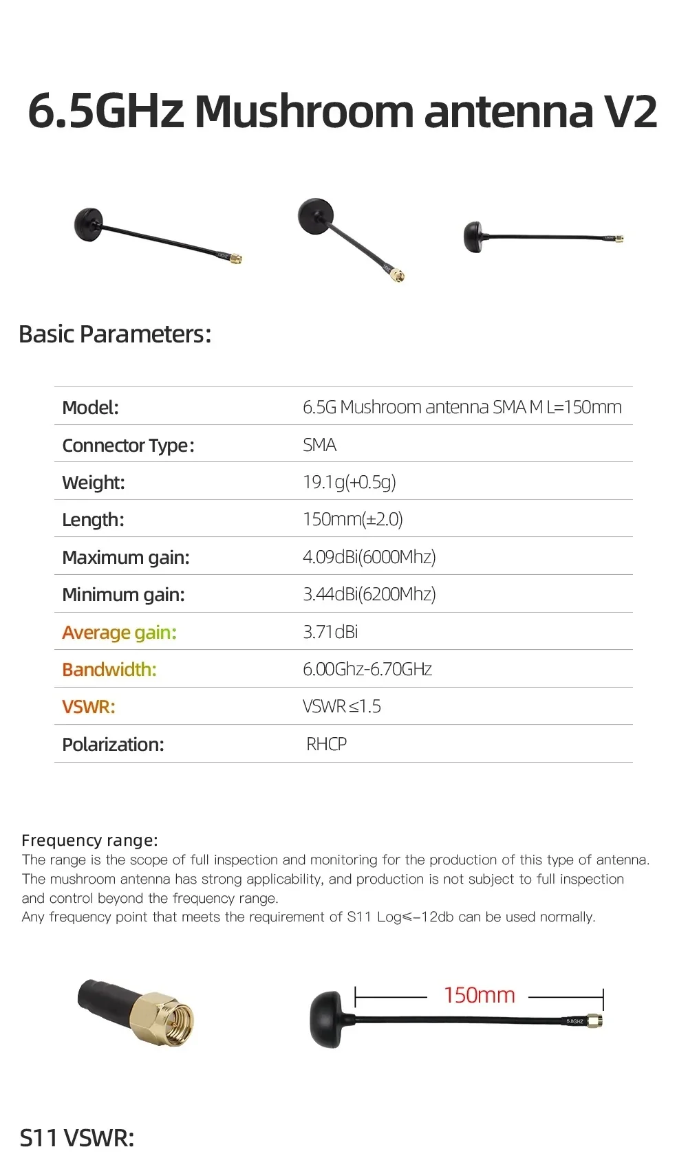 6.5GHz mushroom antenna V2 spec sheet showing RHCP polarization, SMA connector and 150mm length
