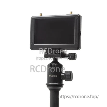 SKYZONE M5 5-inch LCD screen mounted on a tripod ball head, showing viewing setup and dual antenna connectors
