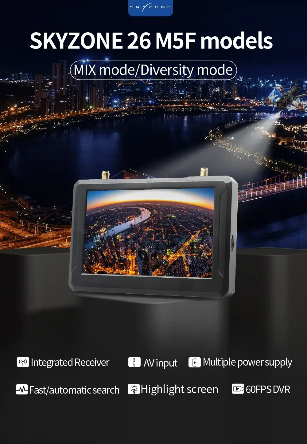 SKYZONE M5F FPV monitor promo image highlighting MIX and Diversity receiver modes, AV input, and 60FPS DVR