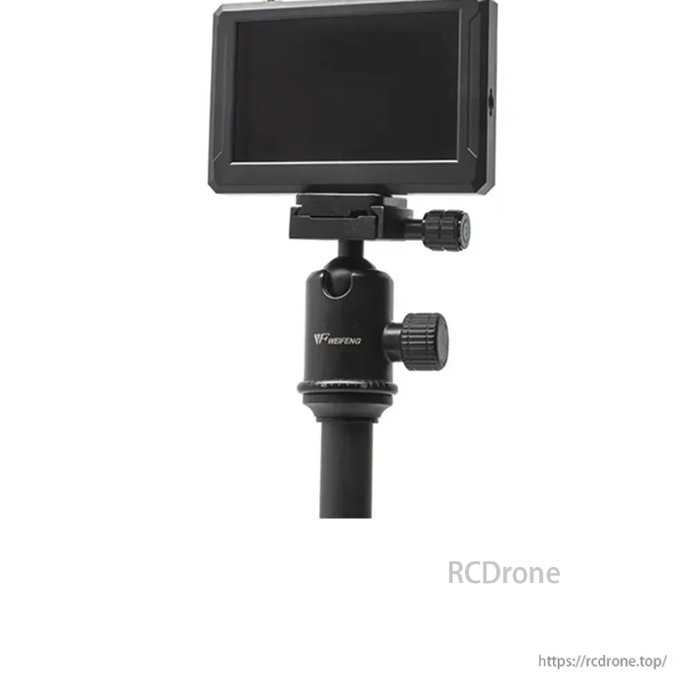 SKYZONE M5F FPV monitor mounted on an adjustable tripod ball head for bench testing or field viewing