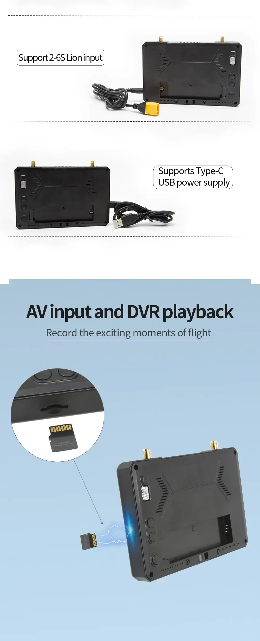 Rear view highlighting power options: 2–6S DC input cable, USB Type‑C power, plus AV input and DVR playback with SD card