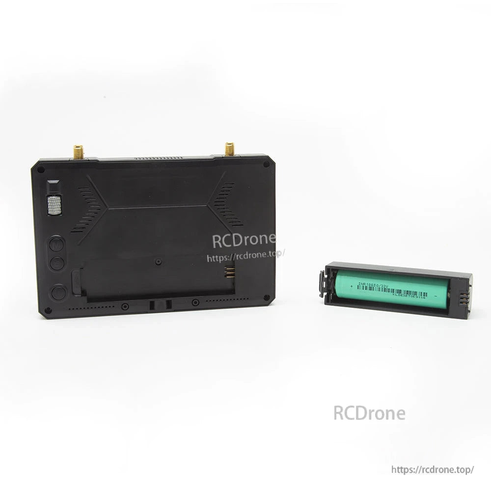 Back view with removable 18650 battery tray and installed cell shown beside the SKYZONE M5F monitor