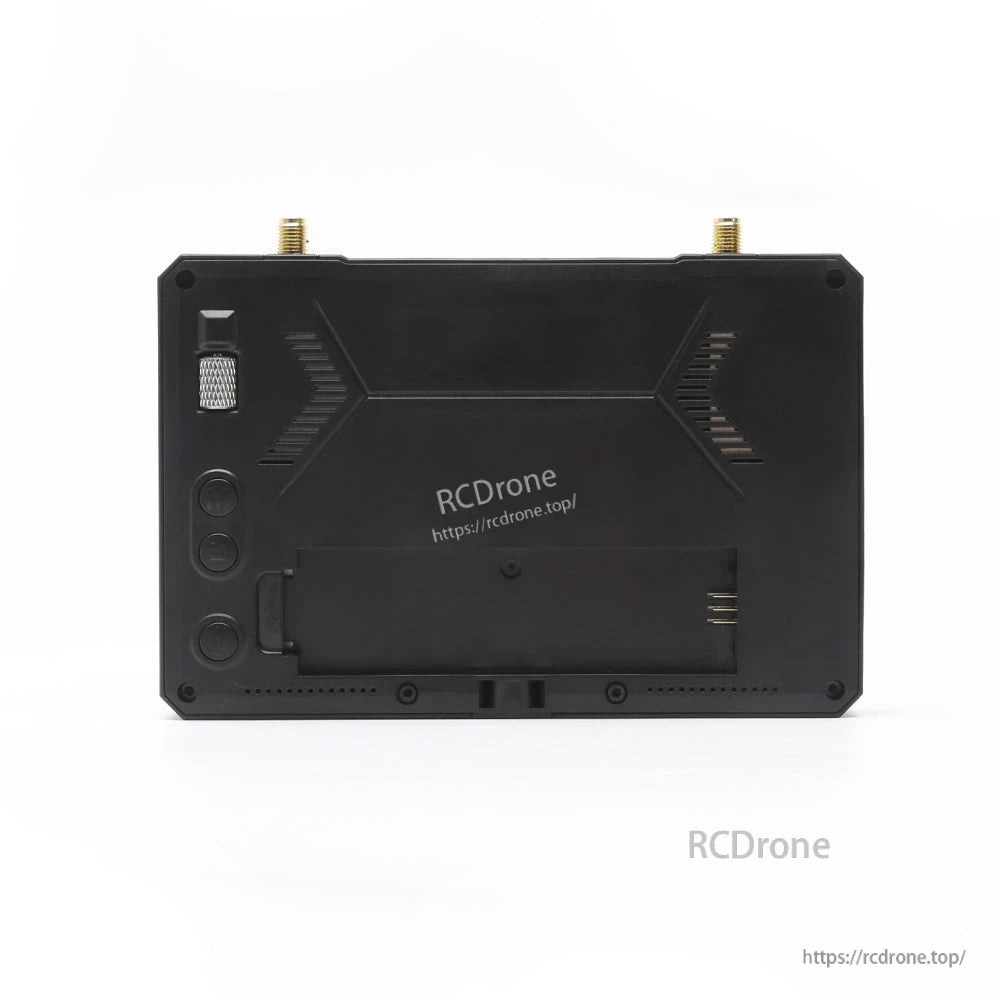 SKYZONE M5F FPV Monitor rear view showing dual antenna ports, control buttons, and battery bay cover