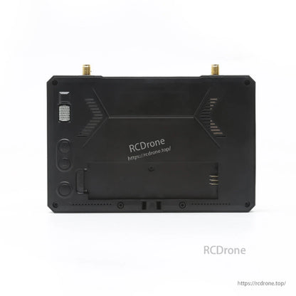 SKYZONE M5F FPV Monitor rear view showing dual antenna ports, control buttons, and battery bay cover