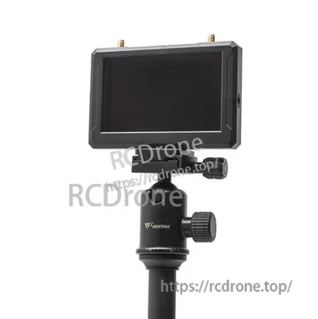 FPV monitor mounted on a tripod head, showing screen side and top antenna connectors