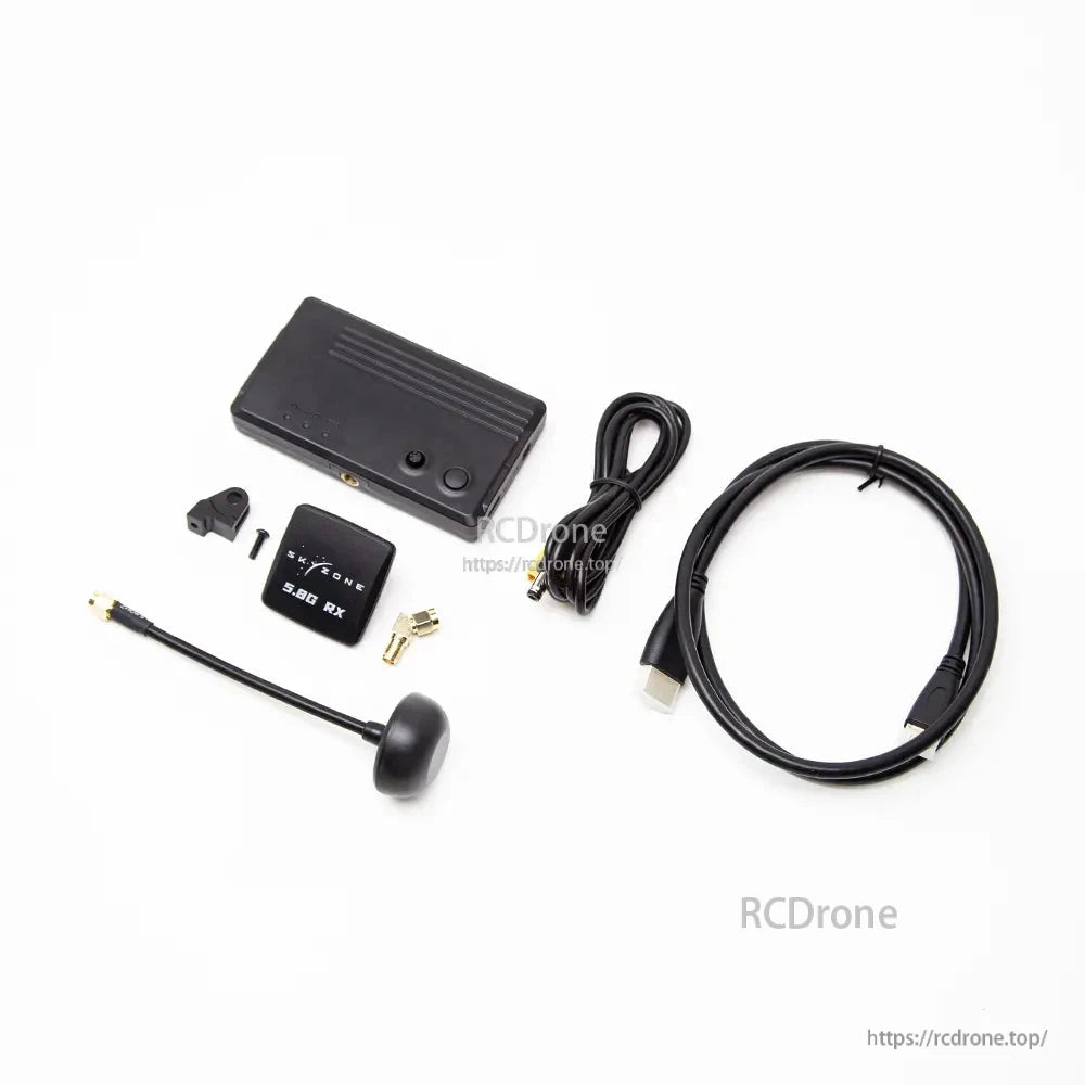 Kit accessories layout: 5.8G RX module, antenna, USB and AV cables, small bracket and screws