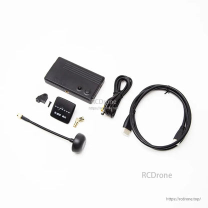 Kit accessories layout: 5.8G RX module, antenna, USB and AV cables, small bracket and screws