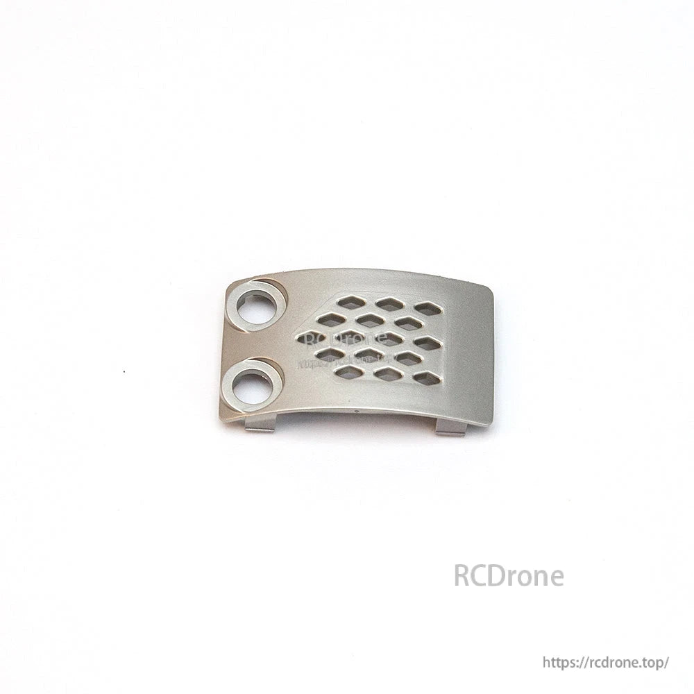 Silver vented bay cover plate with two circular cutouts and curved profile, side-angled view