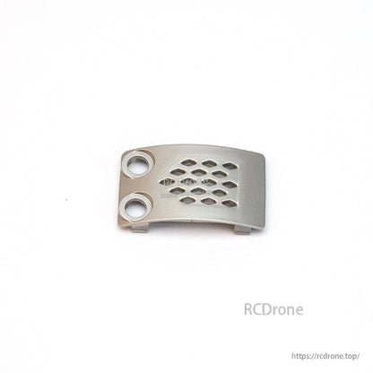 Silver vented bay cover plate with two circular cutouts and curved profile, side-angled view
