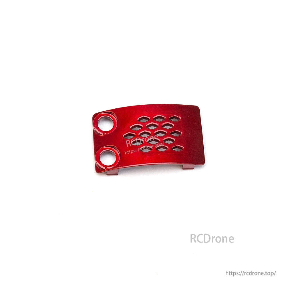 Red vented bay cover plate with two circular cutouts, angled view showing curved edge and tabs