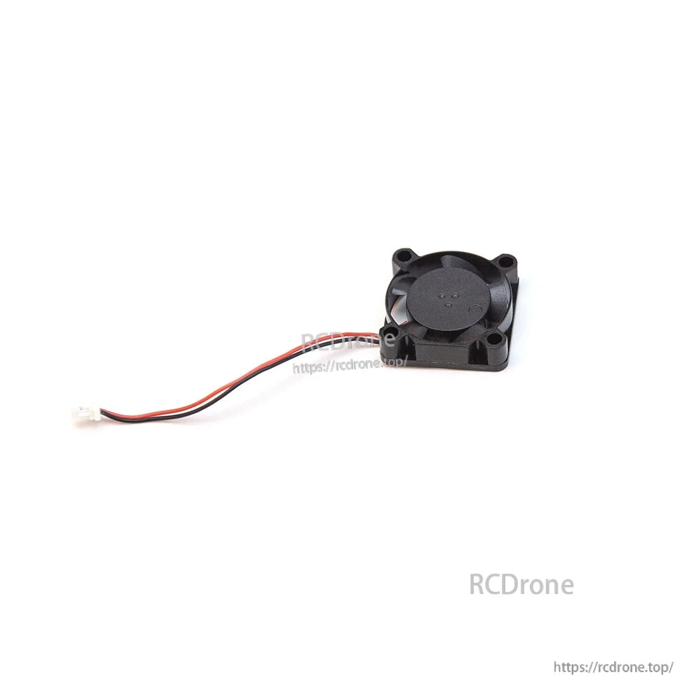 Top view of square goggle fan showing rotor hub and four mounting holes, with 2-pin power connector