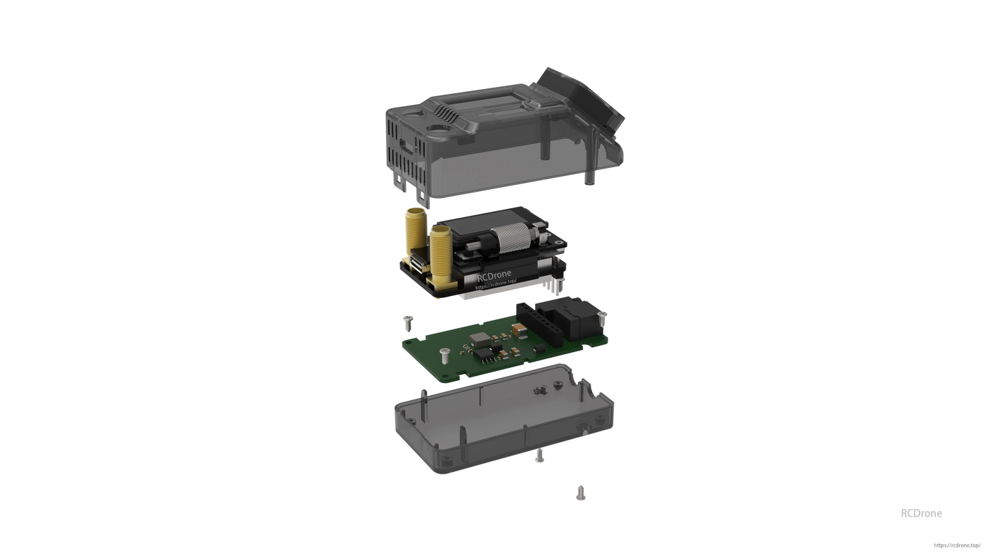 Exploded view diagram of receiver module showing housing, circuit boards, screws and connector assembly